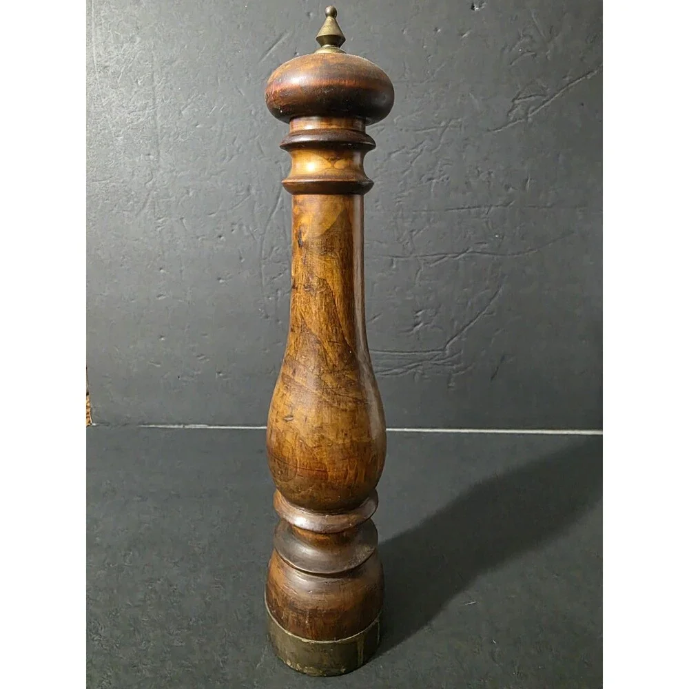 Mid Century Italian Turned Wood Pepper Mill Grinder Brass Trim 14 Inch Tall
